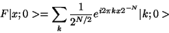 \begin{displaymath}
F\vert x;0> = \sum_k {1\over 2^{N/2}} e^{i2\pi kx 2^{-N}} \vert k;0>
\end{displaymath}